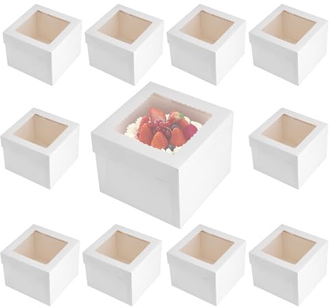 YKUKIZEE 20 PCS 8x8x8 inch Square Cake Board and Box with Clear Window Tall | 10 Set for Transporting Bakery Pastry Cookies, 10 pcs Square Boxes & 10 pcs Round Boards, Large, 20x20x20 cm