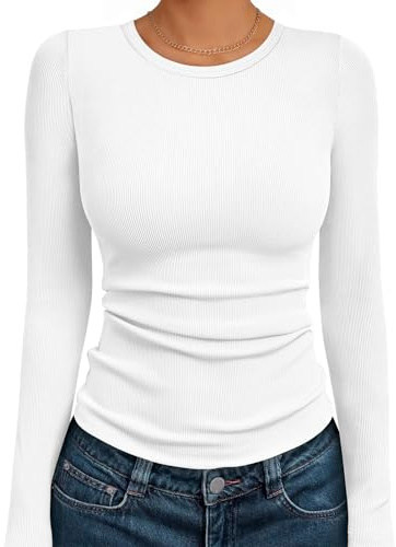 Suncife Women Long Sleeve Casual Ribbed T-Shirts Crewneck Slim Fit Tops | Breathable and Soft Ribbed Fabric, Comfy to Your Skin, Dressy Plain Design