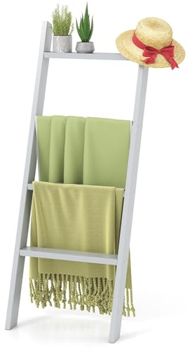 FANTASK 4 Stufiges Leiterregal, 128cm, Handtuchständer mit Deckenhalterung, Handtuchleiter Wandmontage, belastbar bis 50 kg pro Stufe für Badezimmer, Schlafzimmer (Grau)