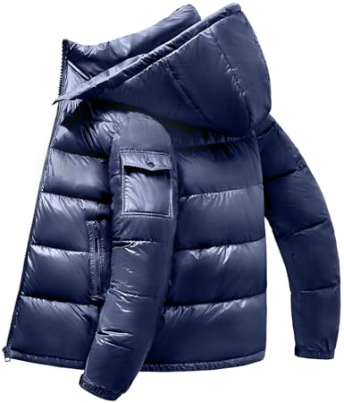 Voqeen Dunjackor för män vattenavstötande lättviktig dunjacka med huva avtagbar quiltad kappa ledig vinter isolerad termojacka för dagligt bruk, Marinblå, L