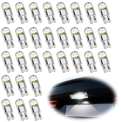 Funver 30Pcs T10 LED, T10 W5W LED 6000 K, 12 V, 194, 168, 501, 2825 COB, Bombilla de Repuesto, para Lámpara de Reemplazo de Posición, Placa, Cúpula Lateral, Luz Interior de Coche