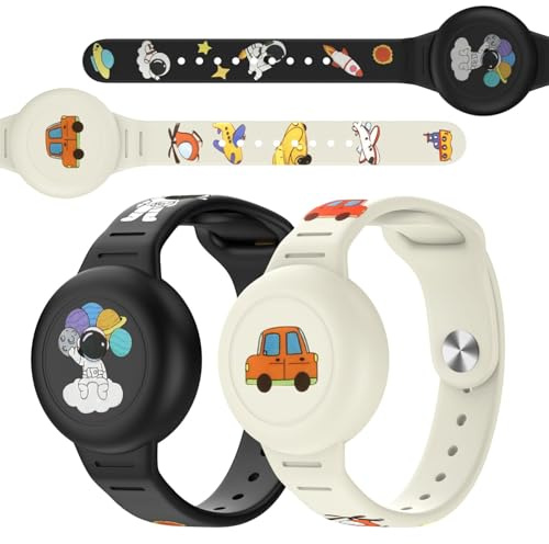 Vanet Lot de 2 bracelets étanches AirTag en silicone avec support caché, couverture complète, motif dessin animé, traqueur GPS léger, bandes de sécurité pour enfants, pas de traqueur
