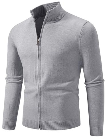 Bauzuoyo Jersey y cárdigan para hombre de manga larga, cárdigan simple y moderno, chaqueta tradicional de invierno, elegante chaqueta de punto monocolor, cremallera completa, cuello alto