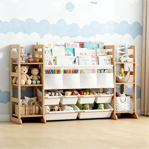 Wumagin Kinderregal mit 4 Oxford-Stoff Fächern, 6 offenen Fächern und 6 Herausnehmbaren Aufbewahrungsboxen, Bücherregal Kinder aus Holz für Kinderzimmer, Wohnzimmer, Schlafzimmer (133 x 80 x 34.5 cm)