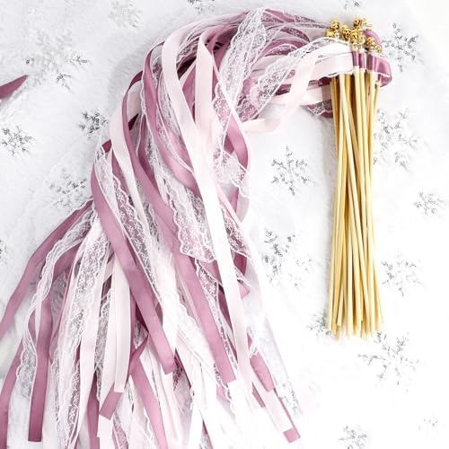 Baguettes de Mariage 50 Pièces Baguettes Ruban Banderoles avec Grand Cloches,Bâtons de Ruban pour Mariage,Wedding Wands pour Fête de Mariage Anniversaires,Fête d'anniversaire (50 Pcs Violet)