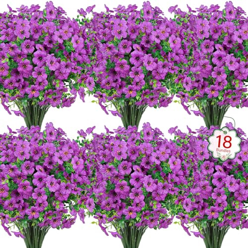 BlueCloudy 18 Bundles Artificial Flowers Outdoor Fake Silk Flower Faux Plants UV Resistant Plastic Greenery Stems for Outdoors Indoor Spring Summer Garden Porch Window Box Home Decorations, Purple