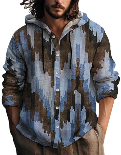 Camp herrskjortor herr casual mode huvor vår långärmad slubb linne 3D tryckt skjorta herrmode modern, blå, 5XL