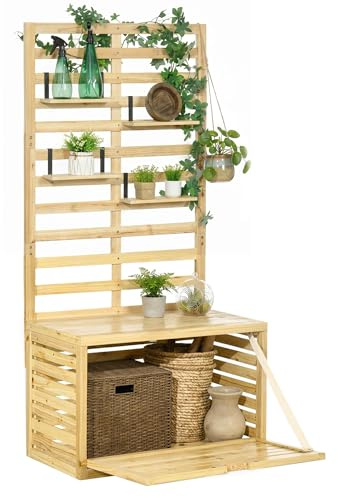 Outsunny Cassapanca da Giardino in Legno di Abete con Traliccio Integrato e 4 Ripiani, Cassapanca Contenitore da Esterno Impermeabile con Chiusura Magnetica, 80x45x160 cm, Colore Legno