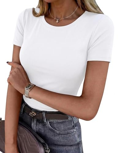 Totatuit Camiseta Basica Mujer Cuello Redondo Manga Corta Ajustada Top Mujer Verano Elegante Casual Blanco S