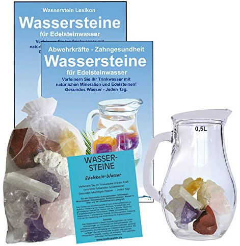 EDELSTEIN WASSER Anti-Stress Relax 5-tlg SET. 300g WASSERSTEINE zur Wasseraufbereitung für Trinkwasser + 0,5 L Glaskrug Karaffe + Anleitung + Zubehör. 90033-1