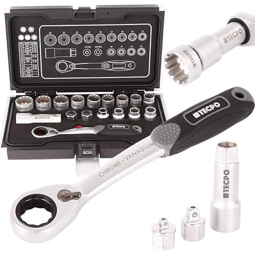 TECPO® Vielzahn Steckschlüssel Satz Durchsteckknarre 1/2 Zoll 10-24 mm Zoll Werkzeug Nüsse Harley 3/8-15/16 und Torx E12-E24