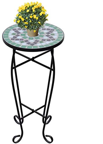Wakects Table d'appoint Motif Mosaïque Vert et Blanc Tabouret Porte-Fleurs Hauteur 60 cm avec des Pieds Courbes Élégants Flower Table d'appoint Sellette mosaïque Support Plantes