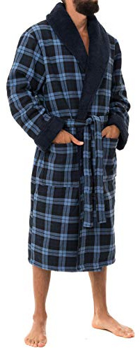 John Christian herr varm bunden fleece morgonrock, blå rutig, Blå/marinblå, XL
