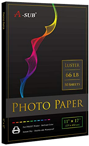 A-SUB Premium Photo Paper Luster 11x17 Inch 66lb for Inkjet Printers 50 Sheets, Single Sided