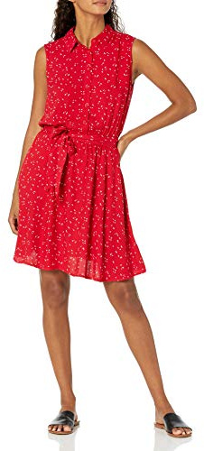 Amazon Essentials Vestido Camisero Tejido sin Mangas de Ajuste Relajado Mujer, Rojo Leafy Floral, S