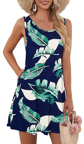 AUSELILY Women's Summer Sleeveless V-Neck Floral Casual Tank Dress with Pockets Print Blue,XL