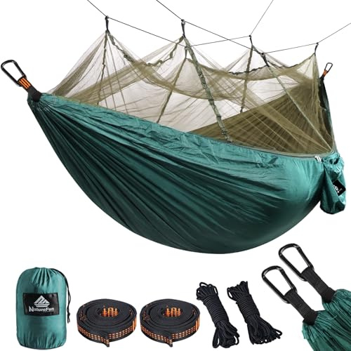 NATUREFUN Travel Bug Net camping hängmatta | 300 kg lastkapacitet, | 2 x premium karbinhakar, 4 x nylonslingor ingår | för utomhus inomhus trädgård