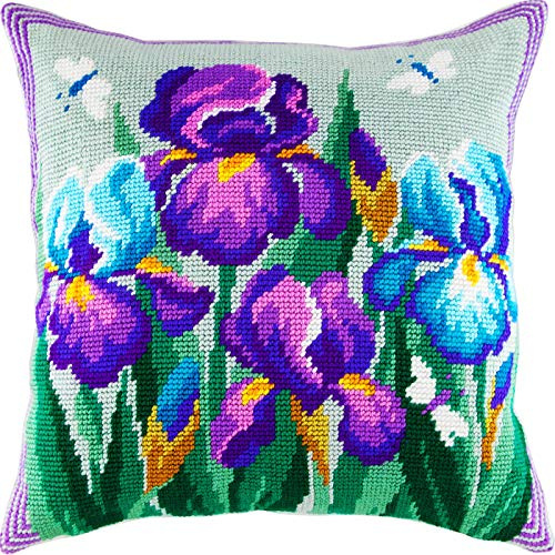 Brvsk Blue Irises. Embroidery Kit w/Printed Tapestry Canvas (40 × 40 cm) — Embroidery Cushion Kit for Creative Home Décor — Needlework Kit for Adult Beginners
