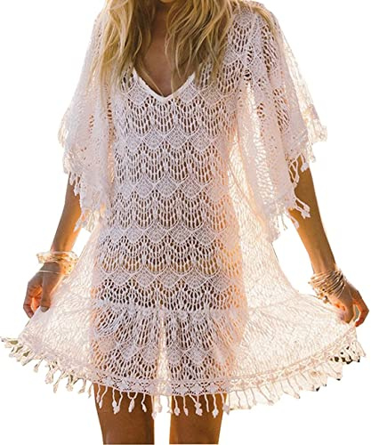 Femme Robe de Plage Manches Évasées en Dentelle Cache-Maillots Bikini Poncho Blouse Été Cover Up Maillot de Bain Sexy Taille Tunique (Blanc-404)