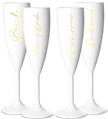 Print Maniacs Champagne Premium White Flute Glass Bride Groom Mr Mrs Wedding Maid Honour Wine Cocktail Prosecco Celebrations Gift (Gold, Set of 4 Brides Side)