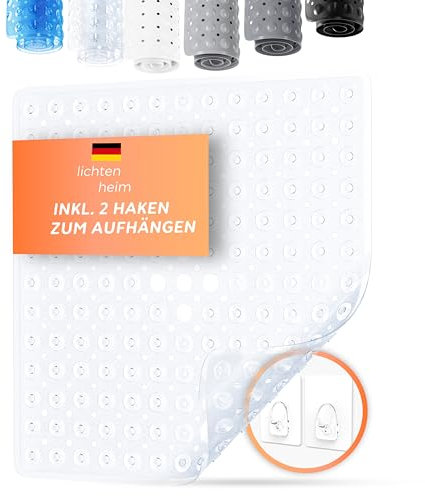 LICHTENHEIM Tappetino da doccia antiscivolo Sensitiv 53 x 53 cm, con 2 ganci, tappetino antiscivolo per vasca da bagno senza BPA, tappetino da bagno resistente alla muffa e lavabile (trasparente)