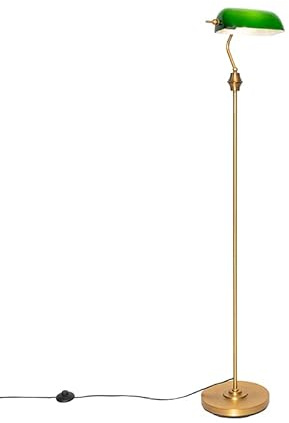 Qazqa - Classic Banker Floor Lamp Bronze with Green Glass - Banker- - Classic I Antique - Suitable for LED E27 | 1 Light - Steel Floor lamp - Suitable for Living Room I Bedroom I