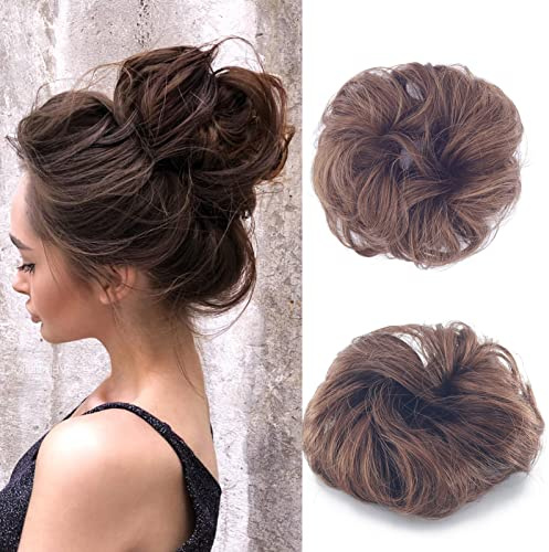 Cybelleza Hårstycke, hårsnodd, hårförlängning, hästsvans, 35 g, hårdel med elastiskt band, Dutt Updo, hög stickning, frisyrer, lockigt, hårband, vågigt, lockigt, mässy-bun för kvinnor (brun och