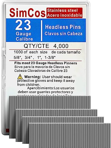 SimCos 23 Gauge Edelstahl Pinnnägel (5/8 Zoll, 3/4 Zoll, 1 Zoll, 1 3/8 Zoll), Verschiedene 4 Größen, kopflose Pinnnägel für 23 GA pneumatische oder elektrische Pinner- oder Stiftpistole, Projektpaket