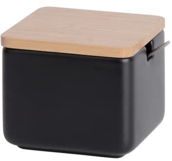 KOOK TIME Keramik Zuckerdose mit Löffel und Deckel aus Bambus -Zuckerlöffel für Haus und Küche, moderne Kugelform, für Zucker, Käse, Gewürze, 10 x 10 x 9 cm (Schwarz Quadrat)