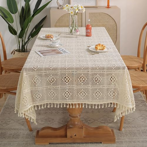 Tovaglia rettangolare in pizzo all'uncinetto, tovaglia in pizzo avorio cavo con nappe, tovaglia vintage in misto cotone per tè, caffè, tavolo da pranzo, feste, banchetti di nozze, 140 x 180 cm