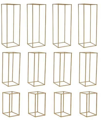 Blumenständer 12er-Set Blumensäule Metall Gold Pflanzenständer für Hochzeitsfeiern Straßenführungen, 3 Größen (28x28x80cm/25x25x60cm/22x22x40cm)