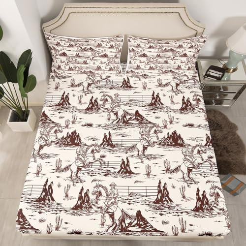 Western Cowboy Boys Fitted Sheet Twin Size,Rustic Farmhouse Cowboy Bedding Set,Boys Men Adults Bedroom Decor,Horse Cactus Plants Mountain Bed Cover,Brown Retro Bed Sheet,1 Pillowcase