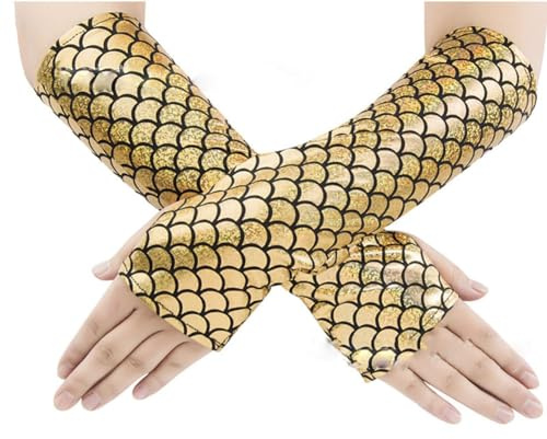Yurosiay Damen Meerjungfrau Handschuhe Bunt Schuppenmuster Fingerlose Handschuhe Fischschuppen Bedruckt Armstulpen Fingerlos Cosplay Party Handschuhe für Karneval Party Halloween Tanzen Rot