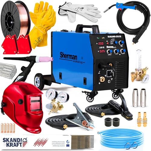 Sherman DUALMIG 210 S3 - poste a souder mig avec gaz et fil fourré 200A - TIG DC, inductance, soudobrasage et modes de soudage MMA - poste souder avec chariot - Kit professional