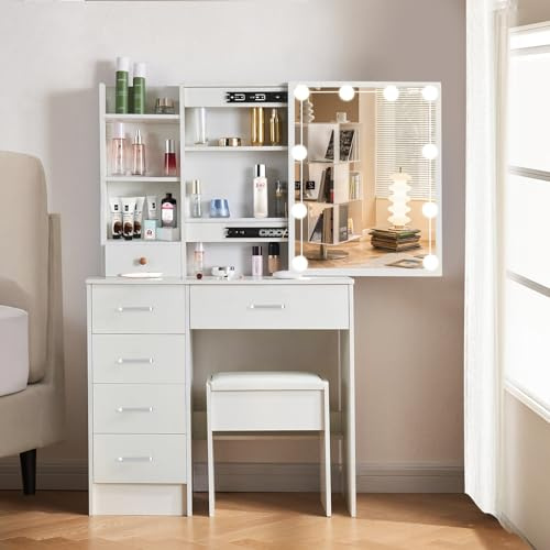 Buildonely Schminktisch mit LED-Beleuchtung und Spiegel, Frisiertisch mit Hocker für Makeup, Kosmetiktisch mit 6 Schubladens, 3 Farbtemperaturen und Einstellbare Helligkeit, Weiß, 36x80x131 cm