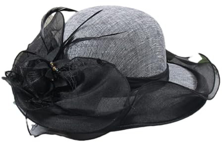 Suwequest Eleganter Sonnenhut mit großer Krempe, Chiffon, Organza, Blume, Spitze, Damenhut, Hochzeit, Party, Kirche, Schwarz , Einheitsgröße