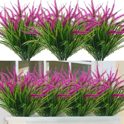 ASTNIC 6 stück Künstliche Pflanzen Künstliche Lavendel Blumen, Kunstblumen im Freien UV-beständiger Grün Stiel Lavendelstrauß für Haus Fenster Garten Terrasse Weg Veranda Dekor (Fuchsia)