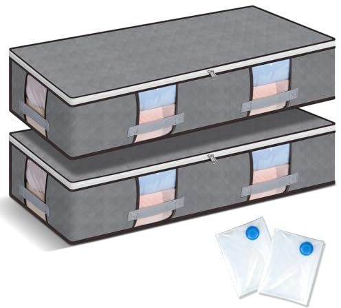 AiQInu Set di Contenitori Sottoletto,2 Pezzi Organizer Sotto letto di Grande Capacità Con 2 Sacchetti Sottovuoto per Vestiti, per Vestiti, Coperte, Trapunte (97 x 43,5 x 20 cm)