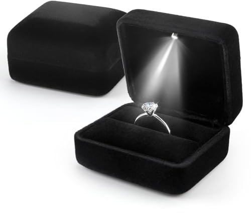 Ring Box with LED Light Velvet Ring Case for Jewelry Display Gift Luxury Auto Lighted Up for Proposal Wedding Engagement Anniversary Couple for Ring up to 2.3 cm (Black, Square 6*5*3.8 cm)