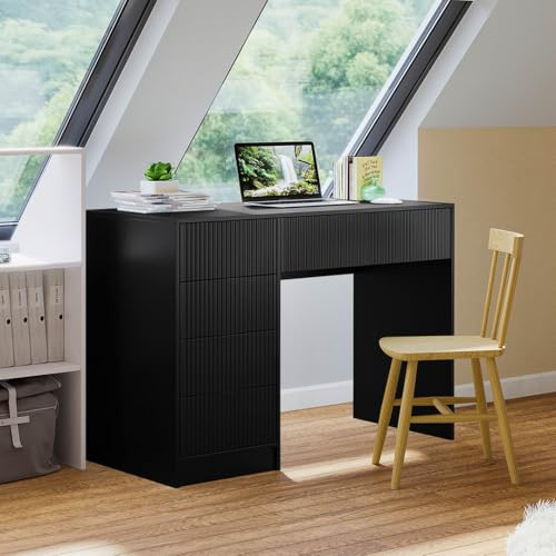 Bellamio Livny Schreibtisch schwarz geriffelt mit 5 Schubladen – Schminktisch ohne Spiegel – White Desk with Drawers 80x53x110 cm – Jugendschreibtisch - Bürotisch mit Schubladen beidseitig montierbar