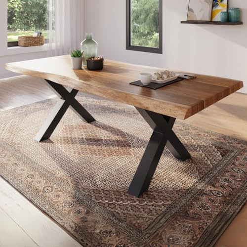 trelevo Esszimmertisch 200x100 cm Akazie naturfarben X-Gestell Baumkante | Akazienholz massiv, Tischplatte, schwarz, Baumkantentisch