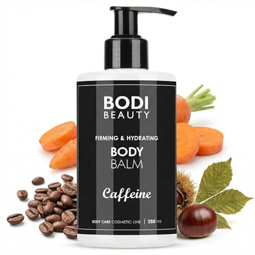 BODI BEAUTY – Anti-cellulit-balm 250 ml – kroppslotion med koffein, Q10, betakaroten, kollagen och hästkastanjeextrakt | stramare, mjukare hudkänsla | snabbabsorberande, för alla hudtyper