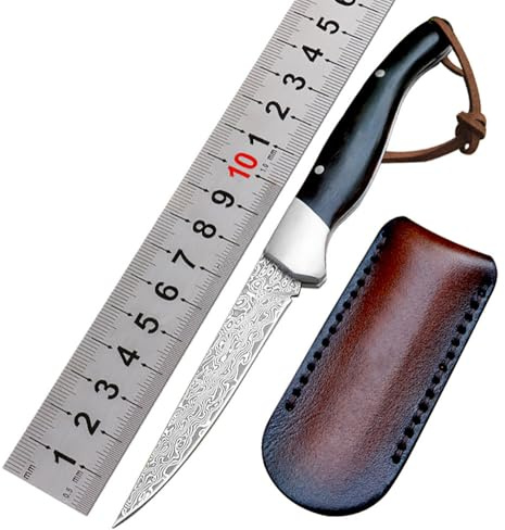 Joa Klappmesser hochwertige tragbar Damast Taschenmesser aus damaststahl Damaszener Ebenholz, Outdoor messer Survival edc Jagdmesser scharfes einhandmesser/lederscheide,geschenk für männer