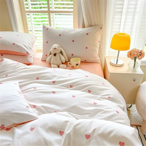 Freyamy Bettwäsche 200x220 Weiß, Rosa Herz Bettwäsche für Mädchen,3teilig Wende Bettwäsche Set Microfaser Bettbezug mit Reißverschluss + 2 Kissenbezug 80x80 cm