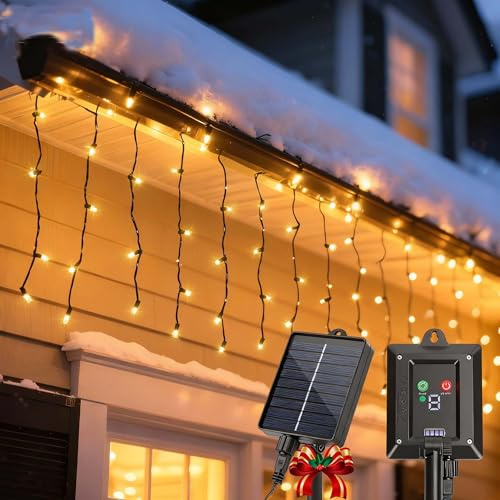 Aigostar Luci Natale Esterno Cascata Solari 3M+5M*0.4M 100 LED Tenda Luminosa Natale Esterno Impermeabile IP65, 8 Modos per Natalizie Finestra Balcone Patio Feste, Bianco Caldo