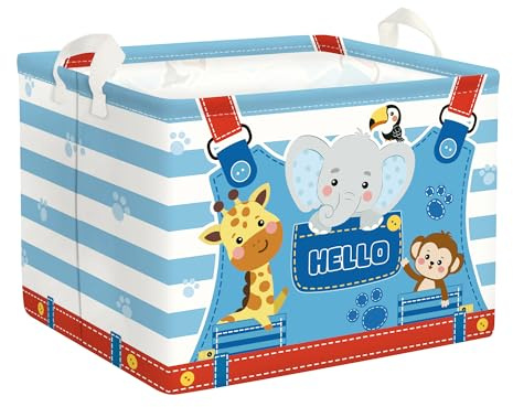 HUUMONSS Grande Cesta Porta Biancheria Bambini Animali Tascabili Elefante Scimmia Pieghevole Cestini Portaoggetti Giocattoli Vestiti per Bagno Cameretta, Blu, 36L