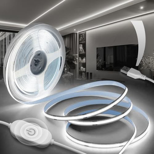 BRIMETI Strisca LED COB USB 1M Autoadesivo Tubo LED Bianco Freddo 6000K 5V, 320LEDs/M Strisce LED Dimmerabili Larghezza 8mm Retroilluminazione TV, Nastro Luci Flessibile, per Cucina, Camera da Letto