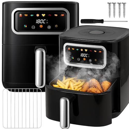 Retoo Heißluftfritteuse 5L mit Touchscreen 1450W, 8-in-1 Airfryer, Spülmaschinenfeste Körbe, Fettarm Kochen, Grillen, Backen, Warmhalten, Energiesparend