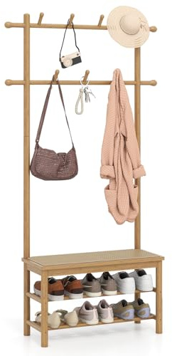 COSTWAY Bamboo Coat Rack Stand, Freestanding Hall Tree Coat Stand with Rattan Shoe Storage Bench, 11 Hooks and Shelves, 170cm Clothes Rack Hanger Unit for Hallway Entryway Bedroom (Natural)
