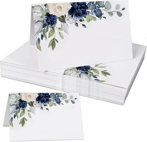 CharmeFleur 50 Pieces Floral Place Cards 5 x 9 cm Watercolor Blue White Flowers with Leaves Table Name Cards for Wedding